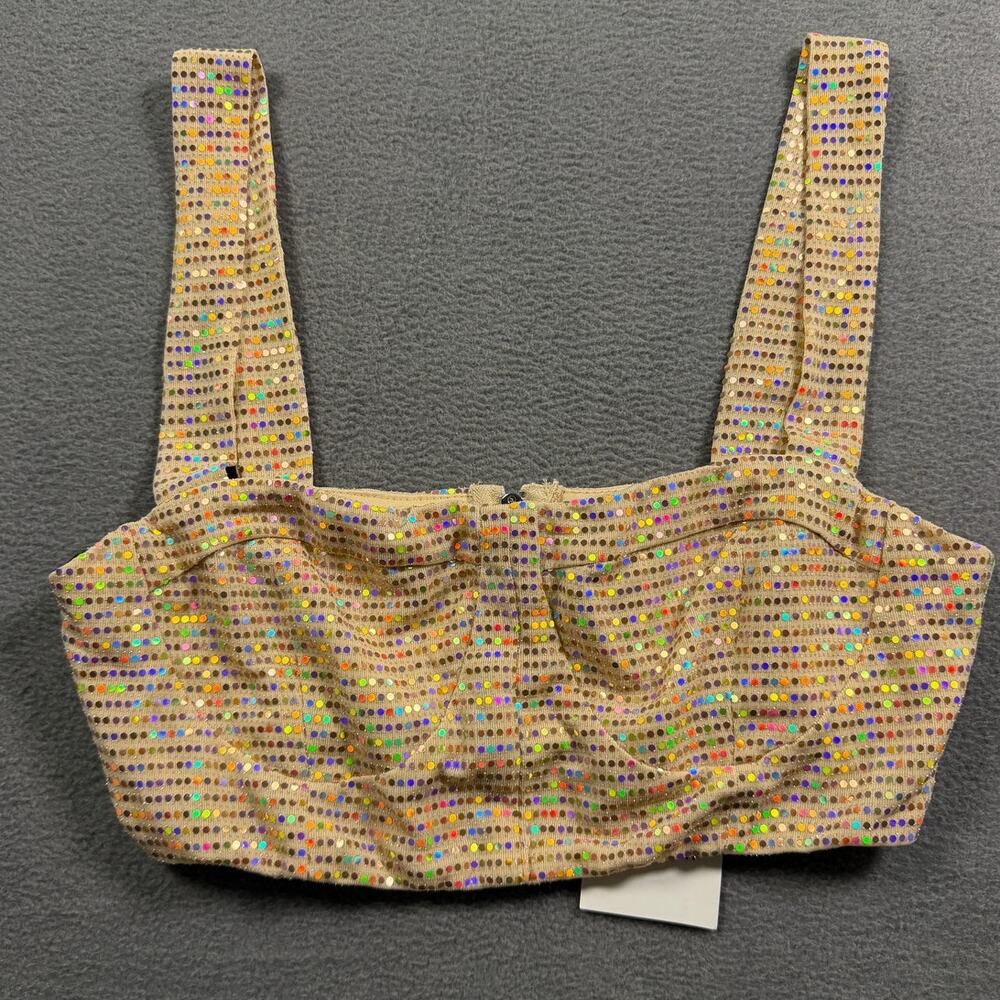 NWT Forever 21 Beige Rainbow Holographic Glitter Dot Bustier Corset Crop Top M